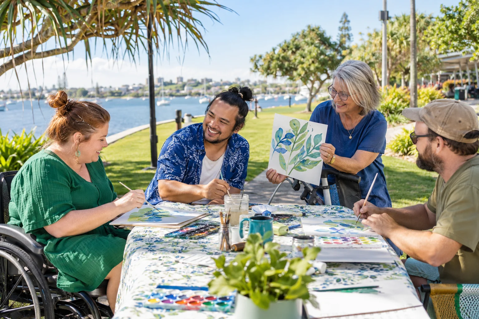 Four adults enjoying an accessible outdoor art activity