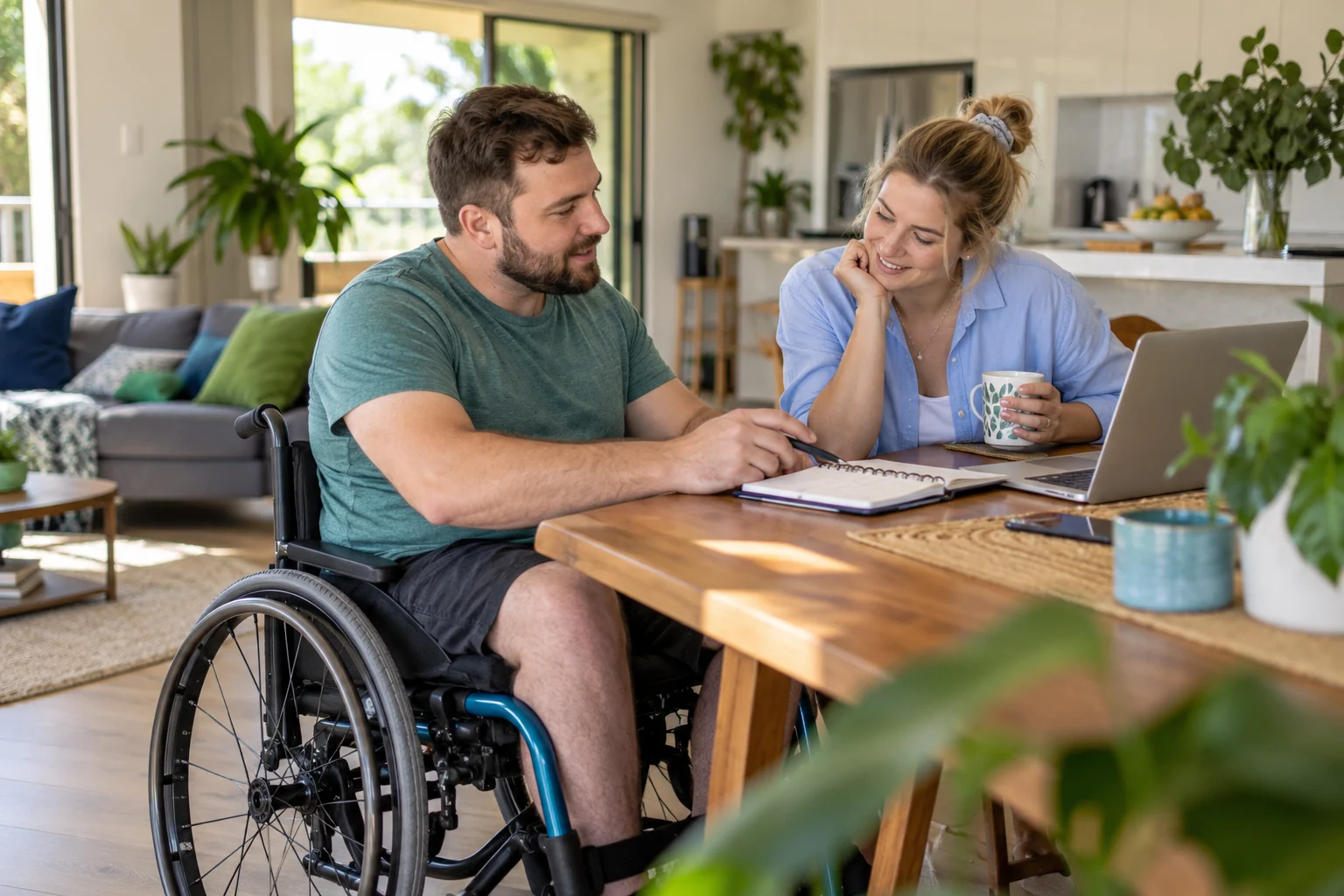 A man using a wheelchair discusses a plan with a companion at home