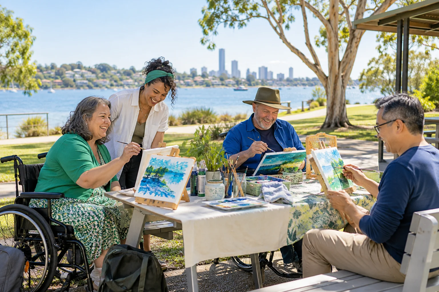 Four adults enjoying an accessible outdoor art activity