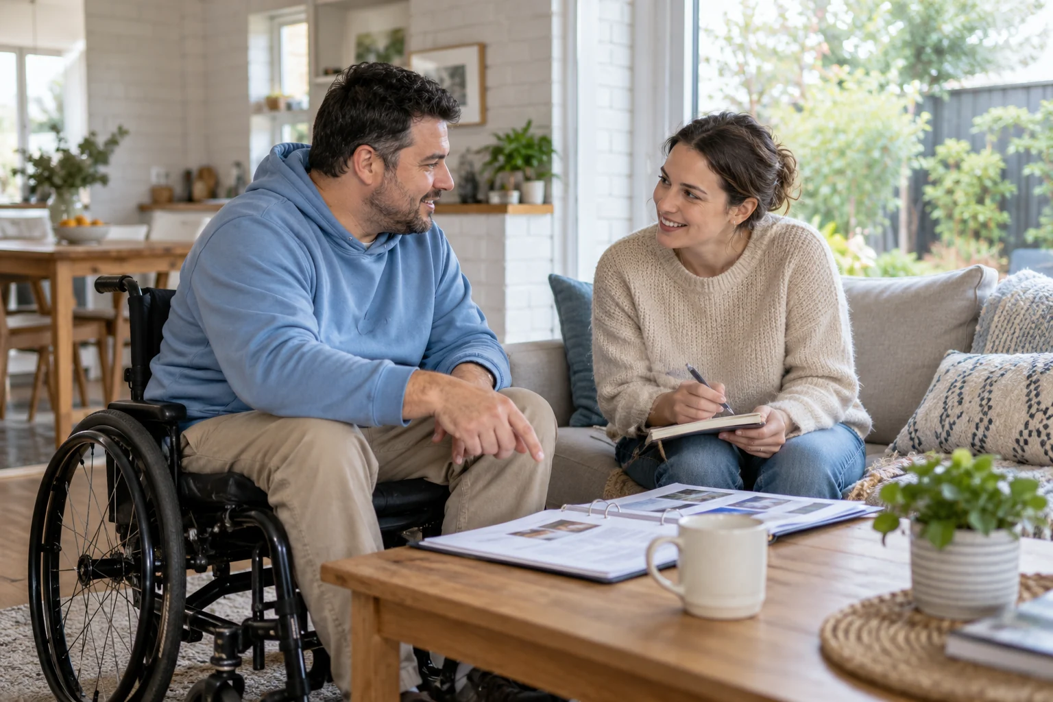 A man using a wheelchair discusses a plan with a companion at home