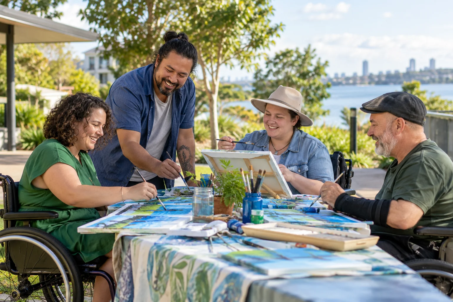Four adults enjoying an accessible outdoor art activity