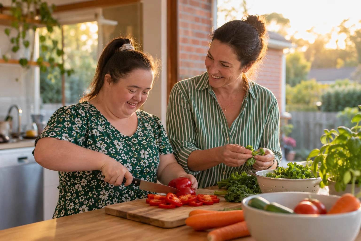 Two women preparing vegetables together at home