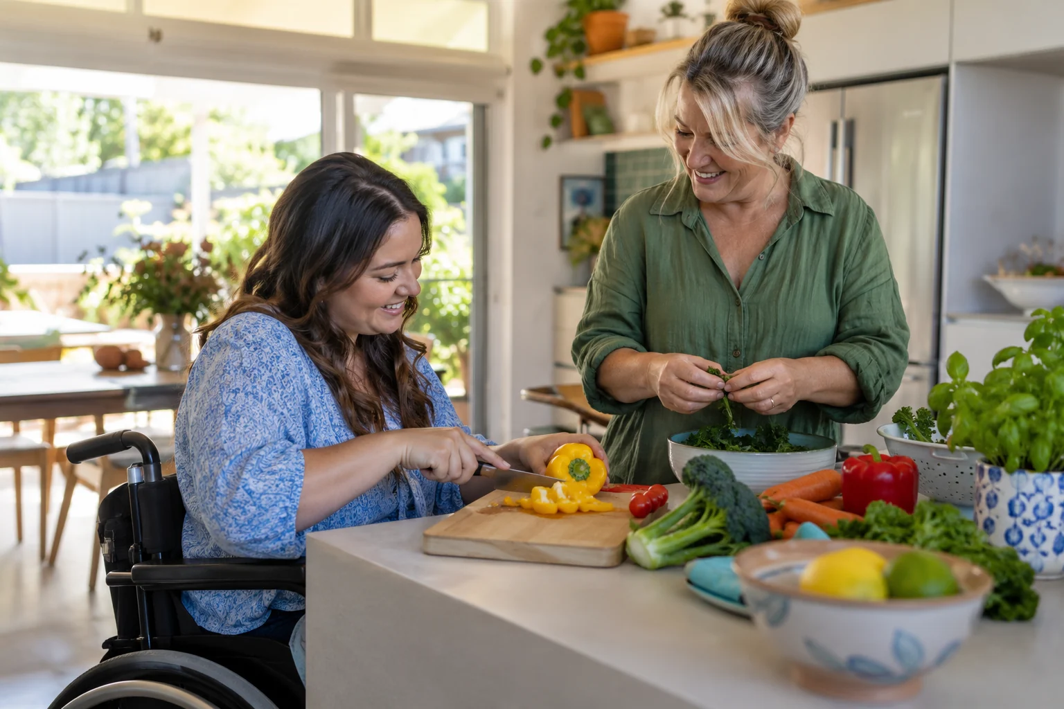 Two women preparing vegetables together at home