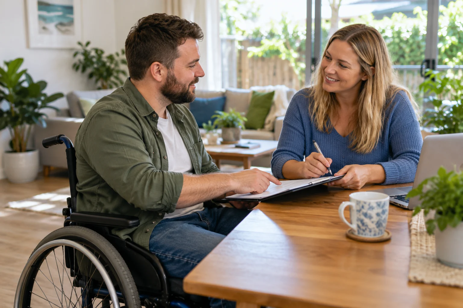 A man using a wheelchair discusses a plan with a companion at home
