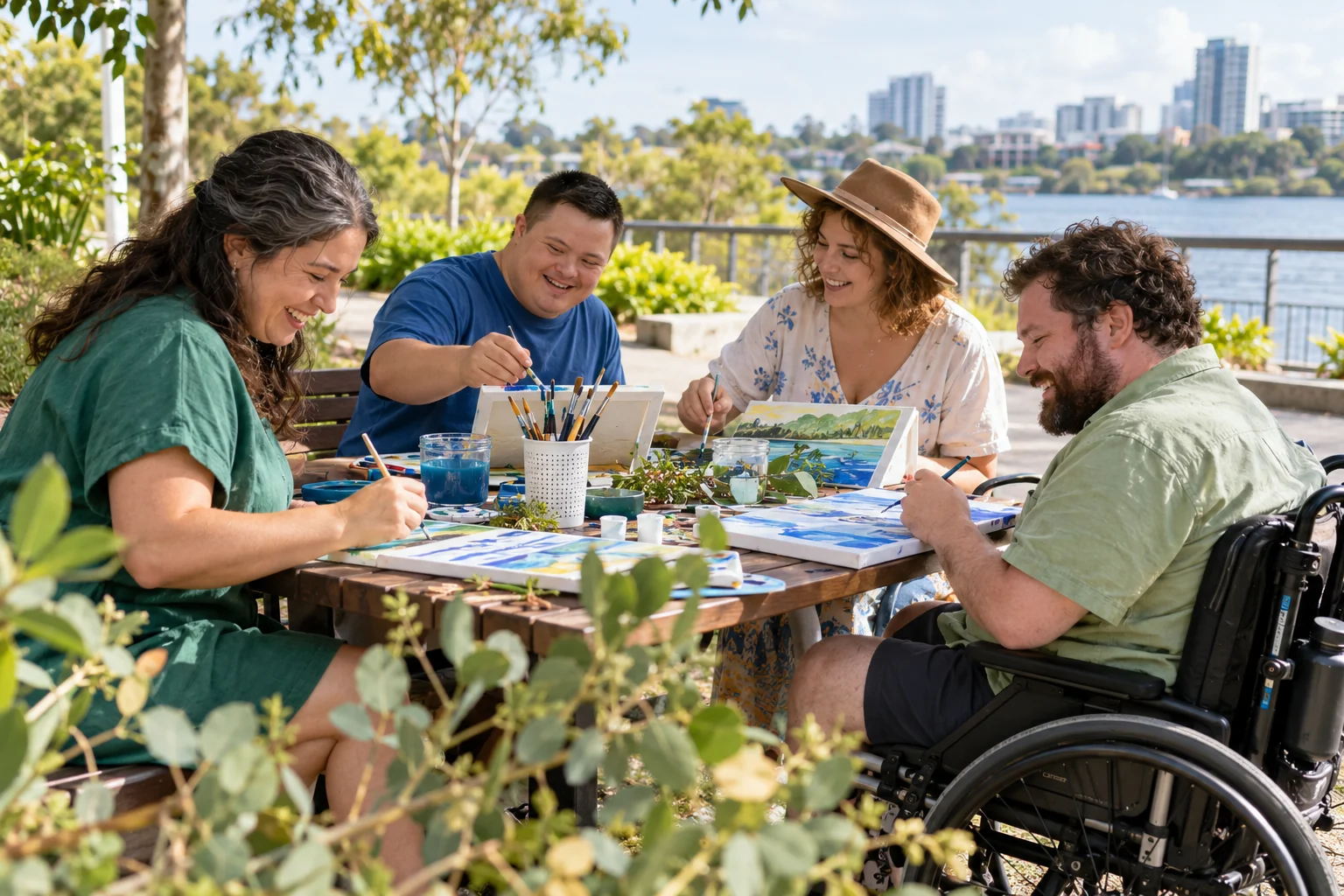 Four adults enjoying an accessible outdoor art activity