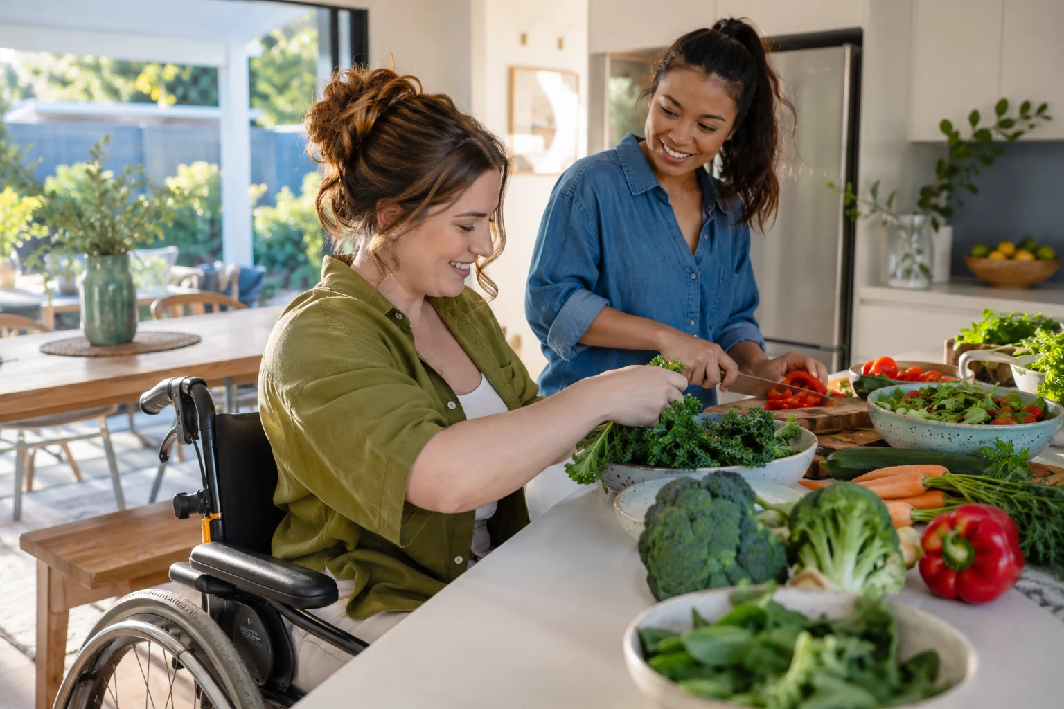 Two women preparing vegetables together at home