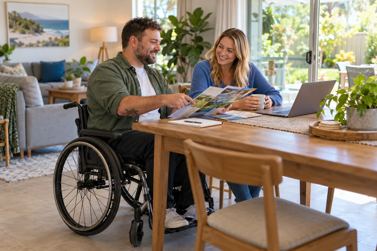 A man using a wheelchair discusses a plan with a companion at home