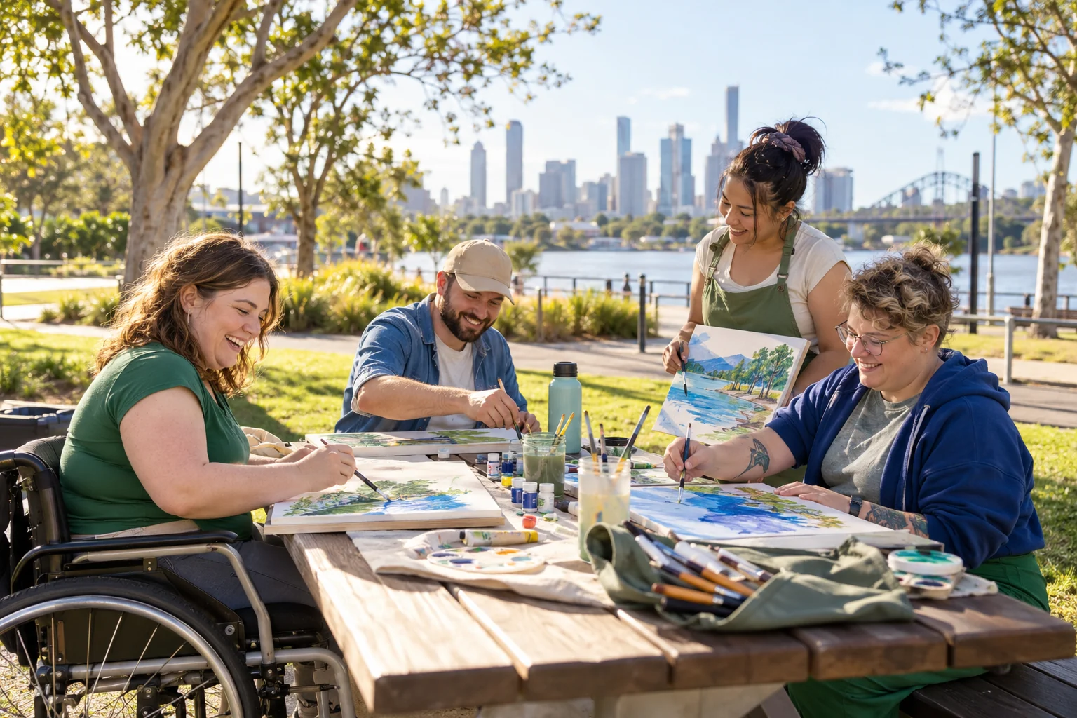 Four adults enjoying an accessible outdoor art activity