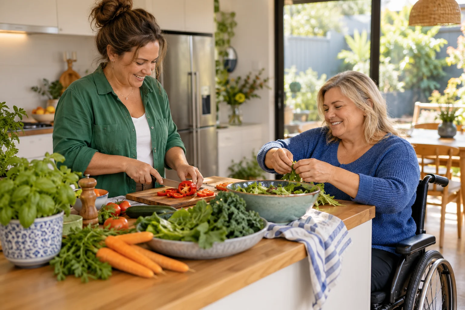 Two women preparing vegetables together at home