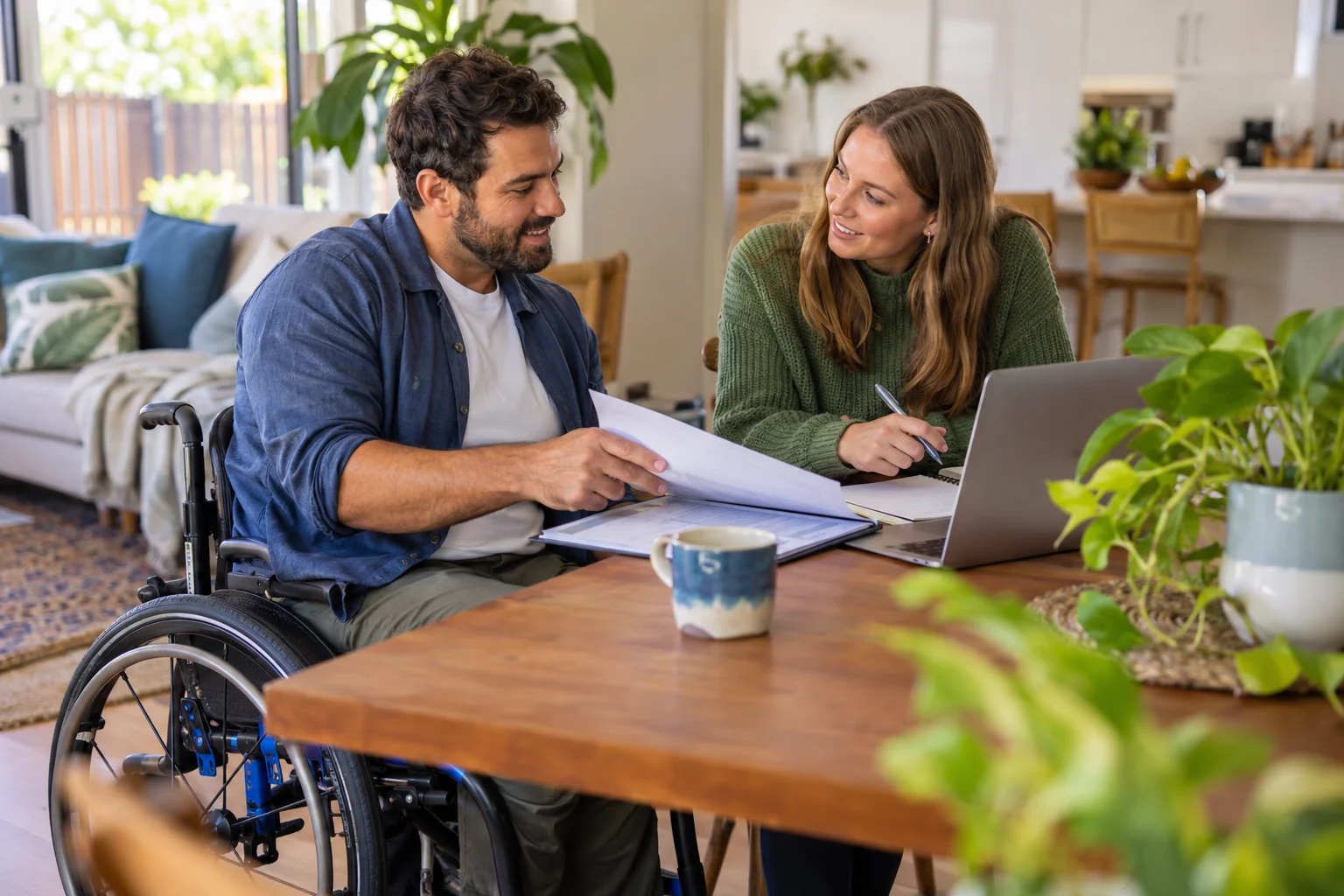 A man using a wheelchair discusses a plan with a companion at home