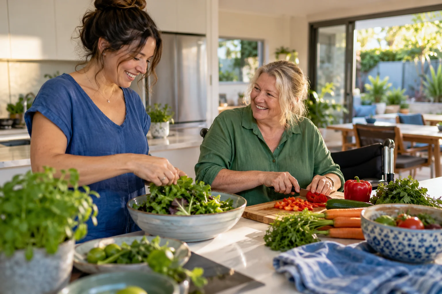 Two women preparing vegetables together at home