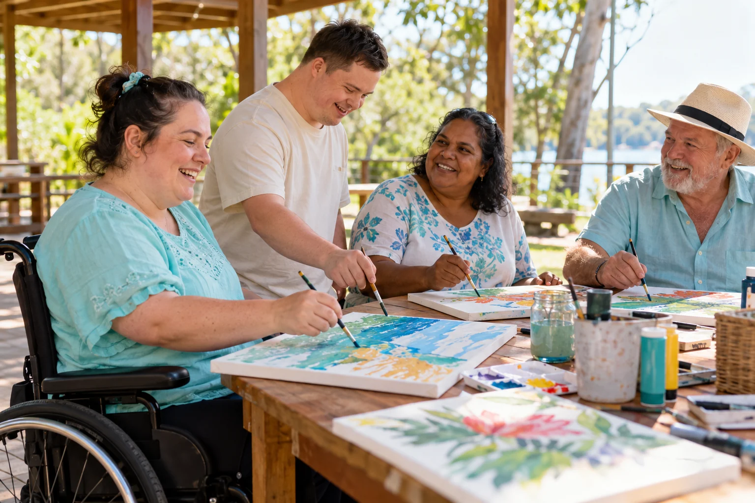 Four adults enjoying an accessible outdoor art activity