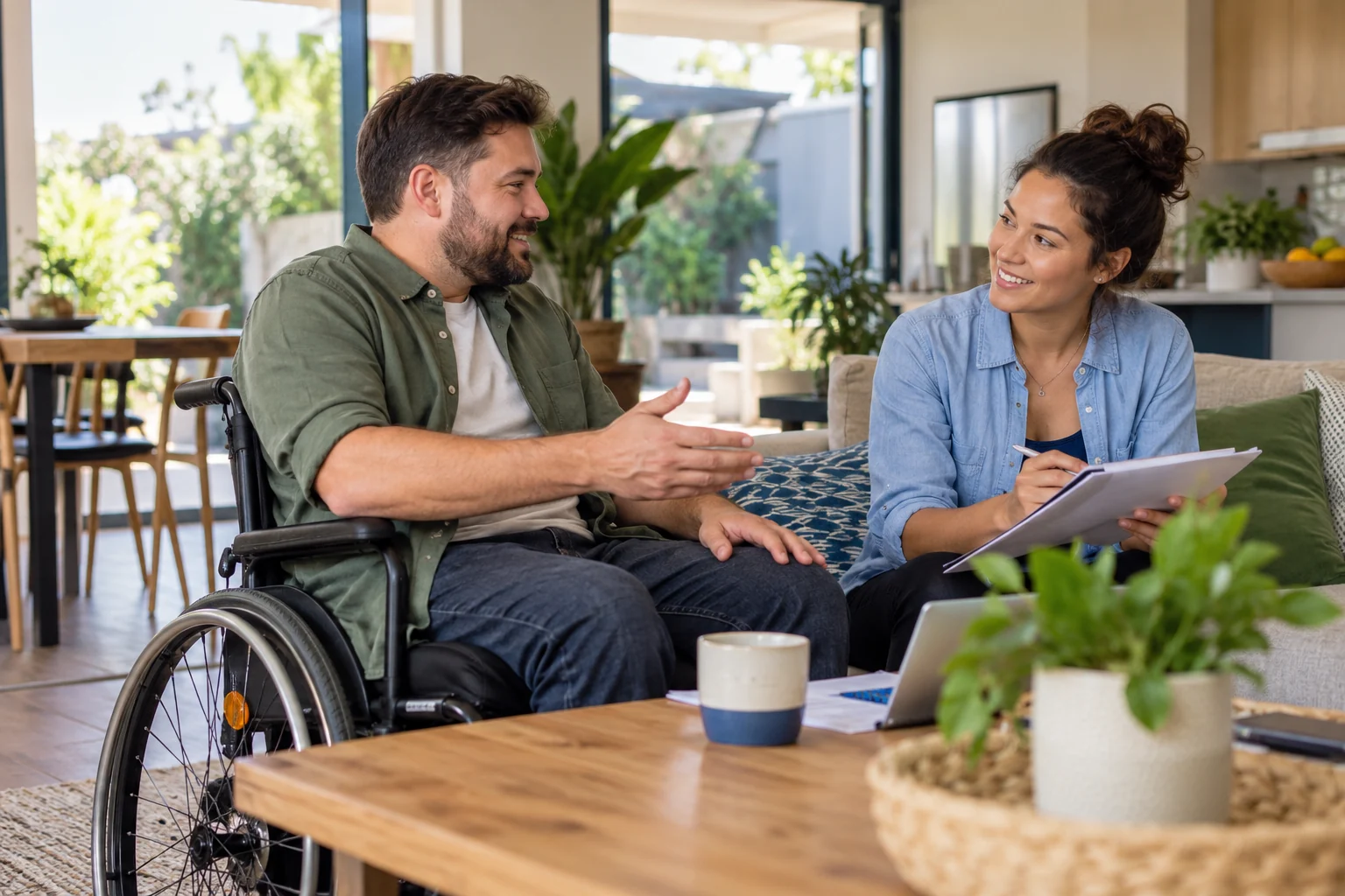 A man using a wheelchair discusses a plan with a companion at home