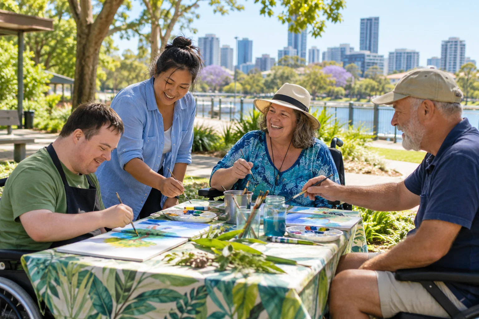 Four adults enjoying an accessible outdoor art activity