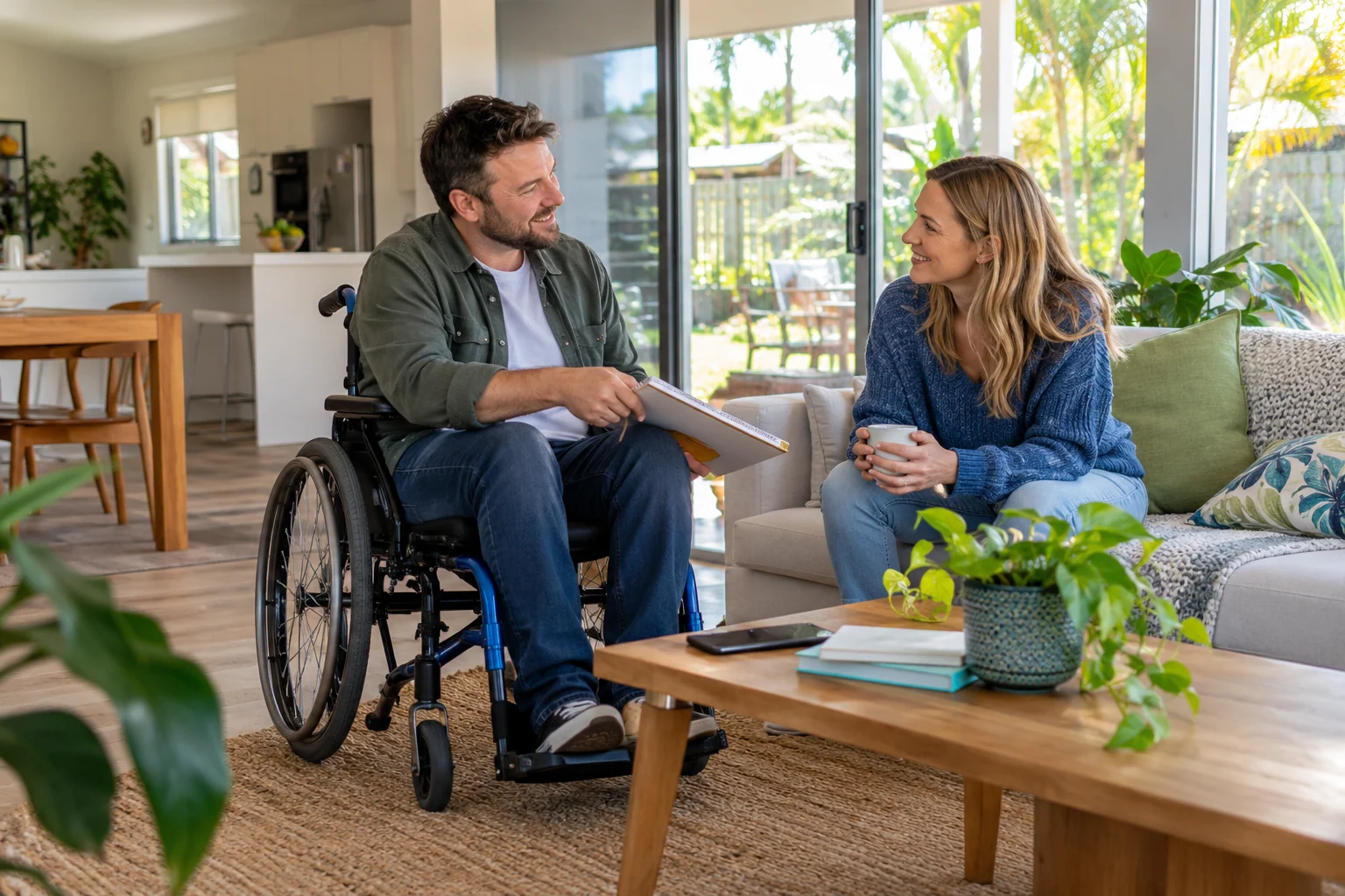 A man using a wheelchair discusses a plan with a companion at home