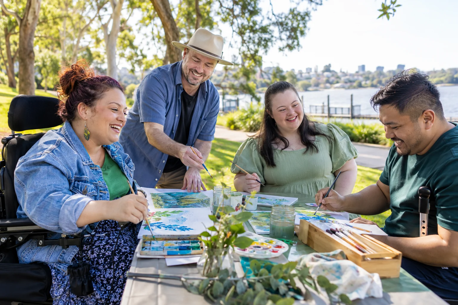 Four adults enjoying an accessible outdoor art activity