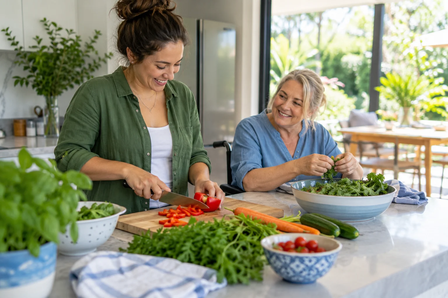 Two women preparing vegetables together at home