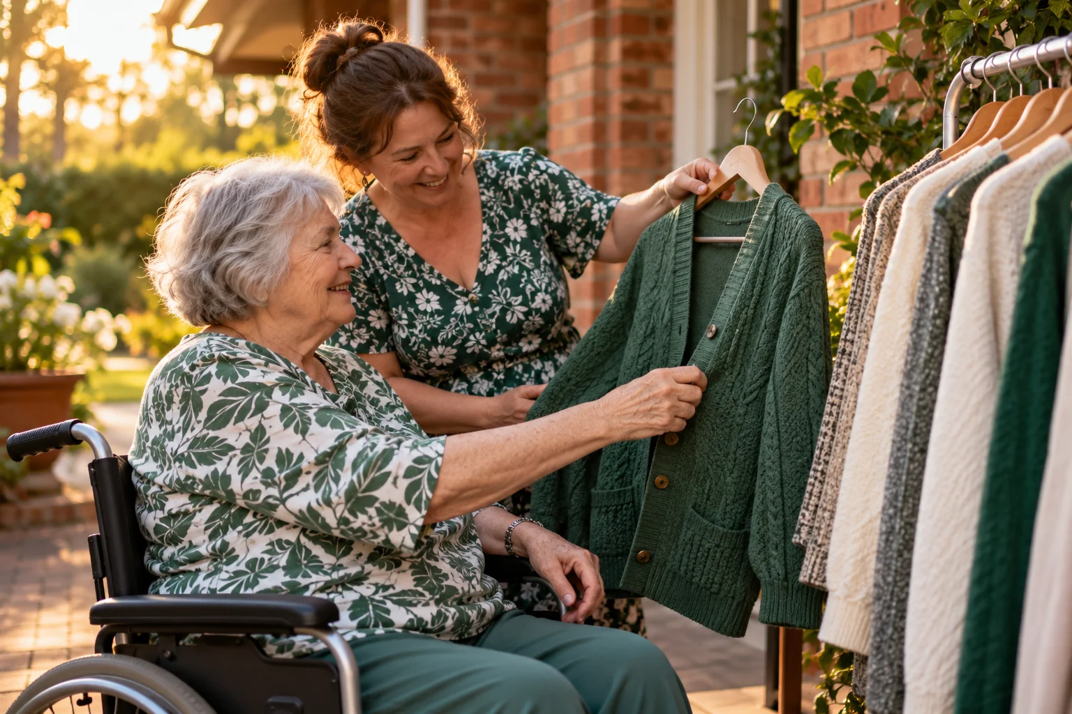 An older woman choosing a cardigan with a companion
