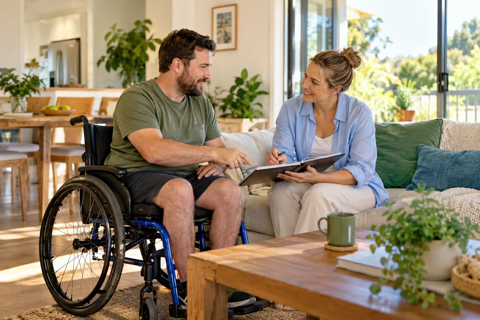 A man using a wheelchair discusses a plan with a companion at home