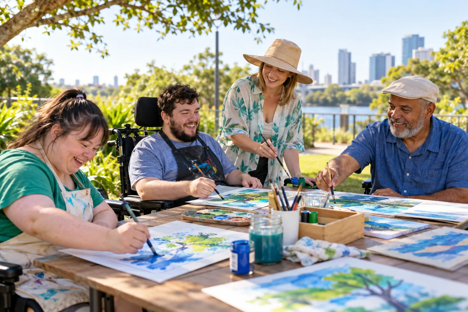 Four adults enjoying an accessible outdoor art activity