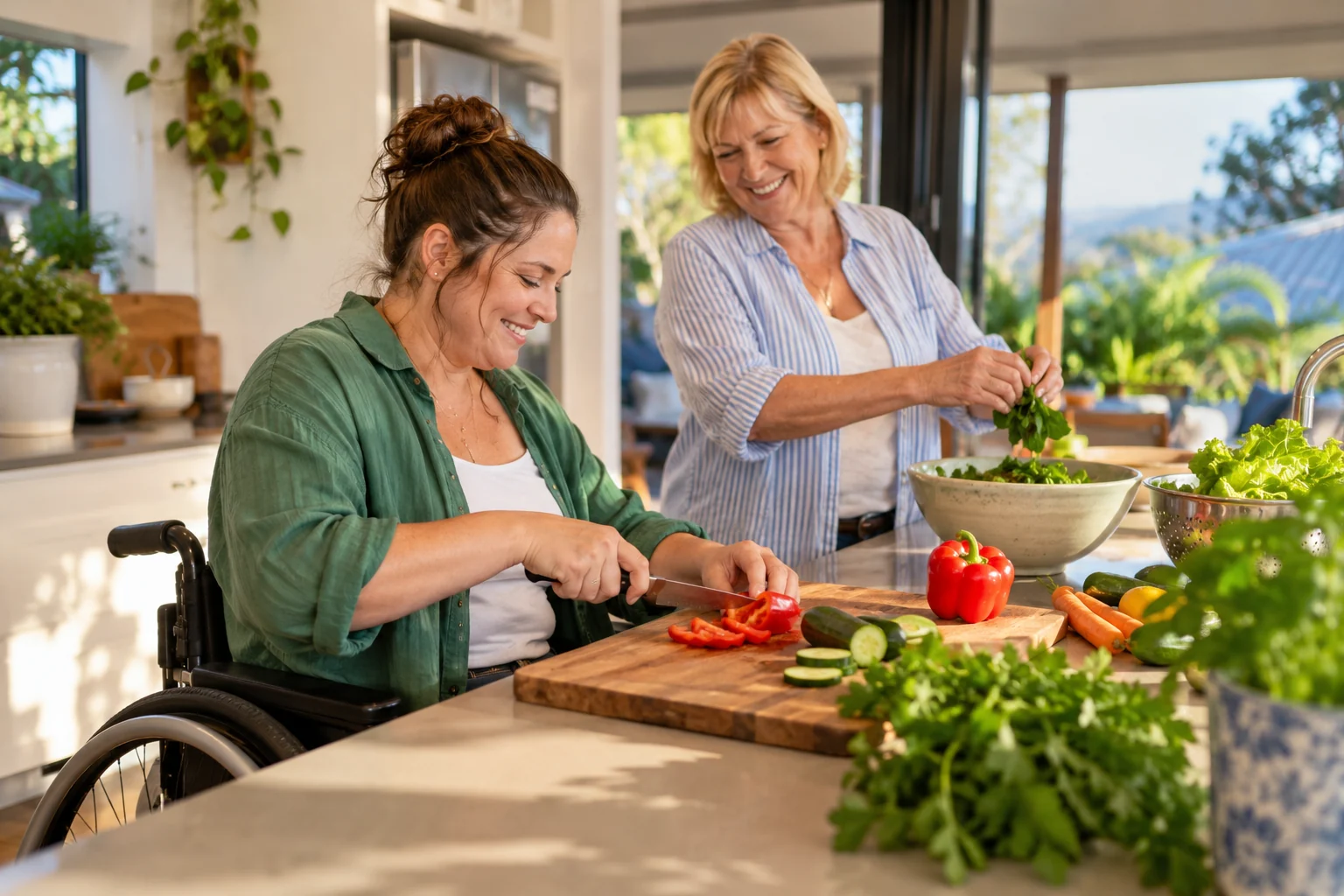 Two women preparing vegetables together at home