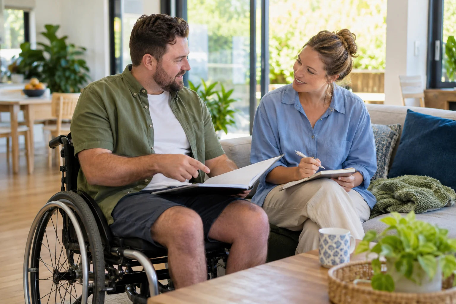 A man using a wheelchair discusses a plan with a companion at home