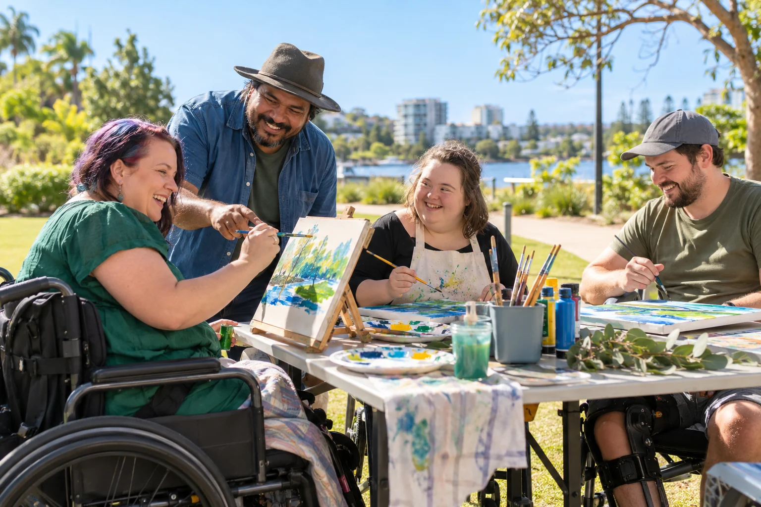 Four adults enjoying an accessible outdoor art activity