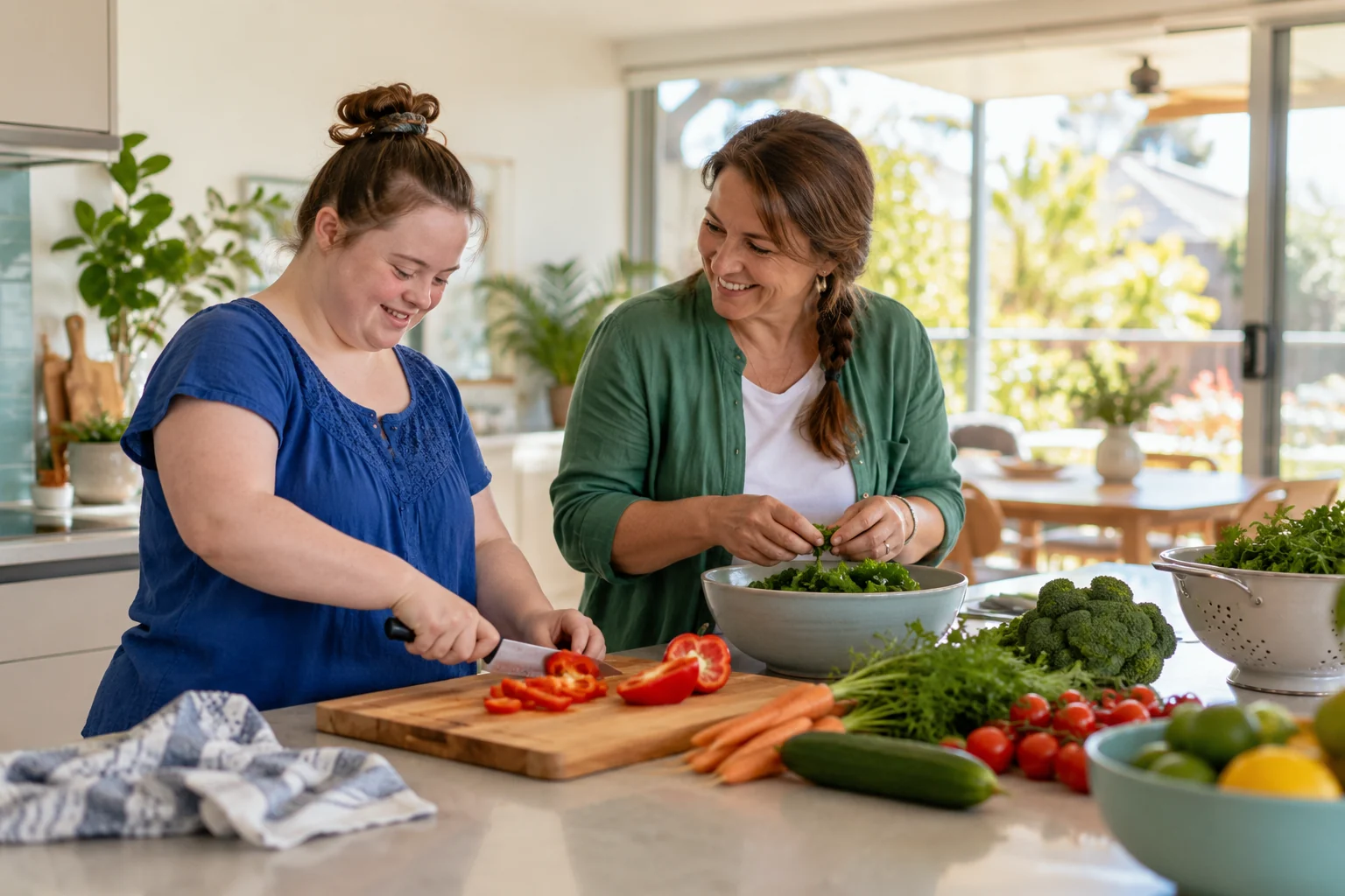 Two women preparing vegetables together at home