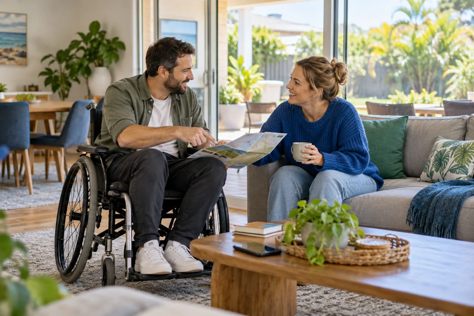 A man using a wheelchair discusses a plan with a companion at home