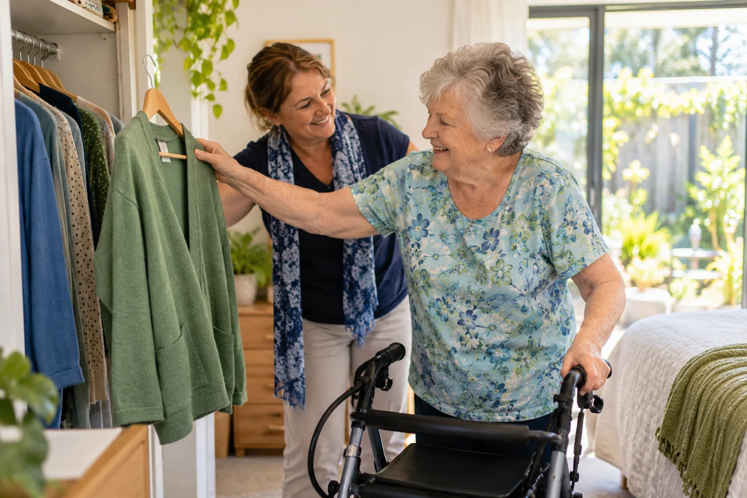 An older woman choosing a cardigan with a companion