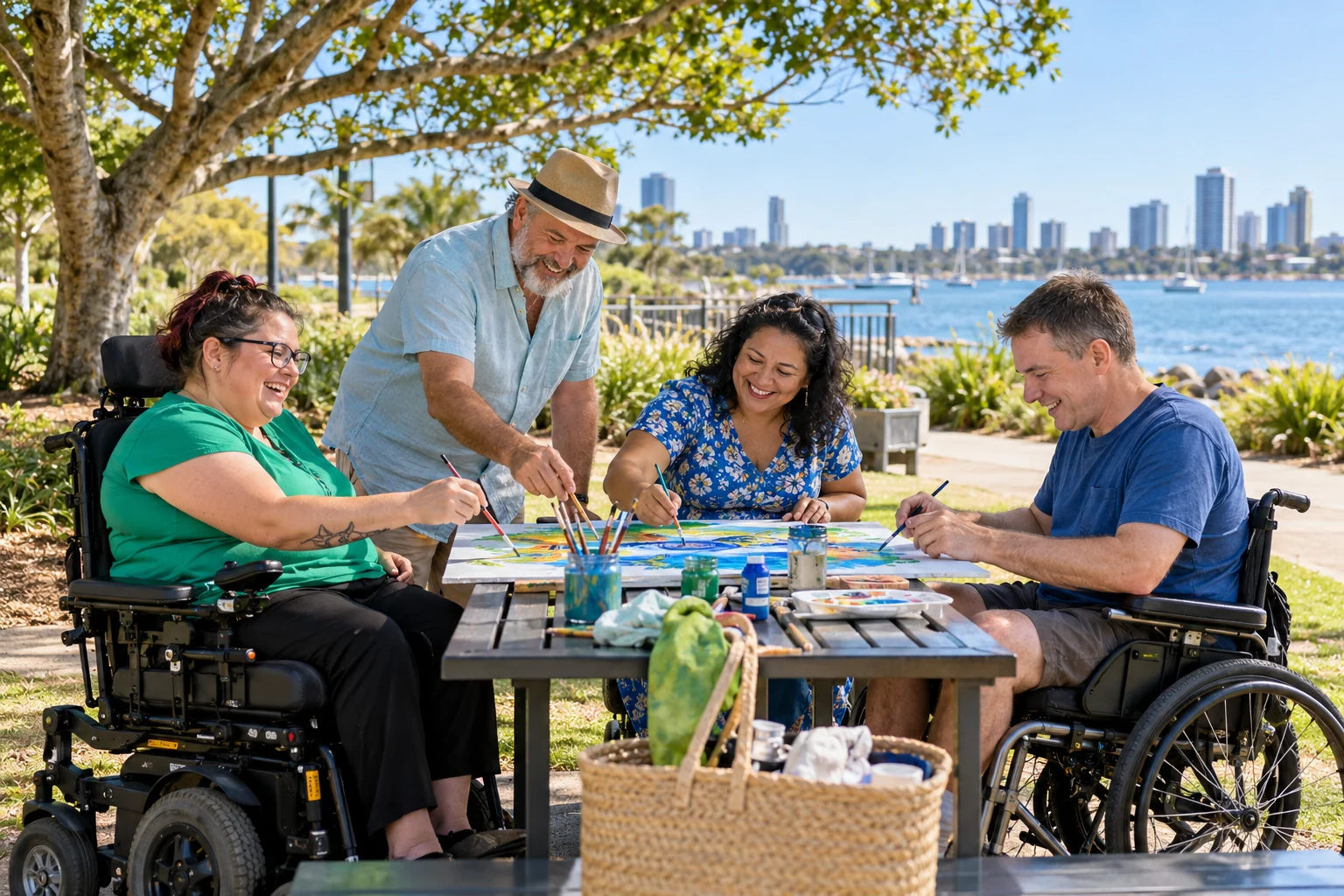 Four adults enjoying an accessible outdoor art activity