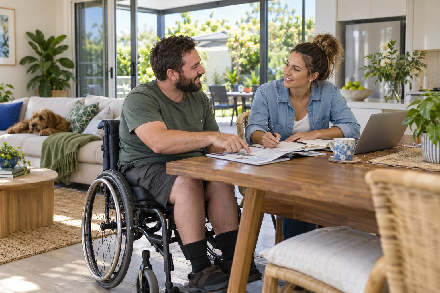 A man using a wheelchair discusses a plan with a companion at home