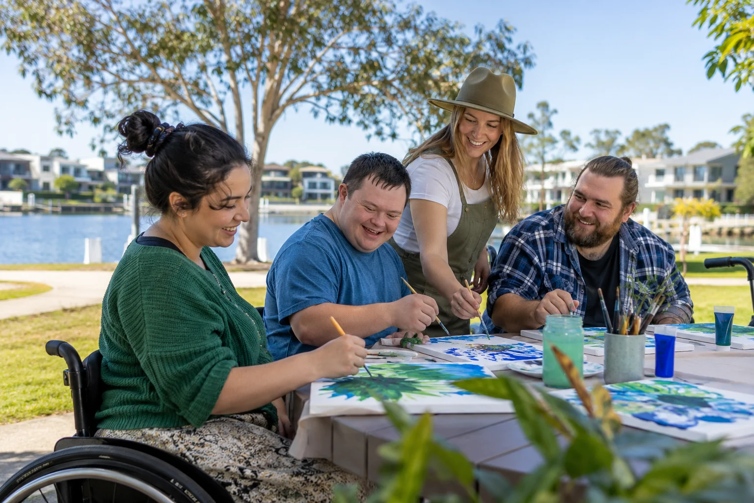 Four adults enjoying an accessible outdoor art activity