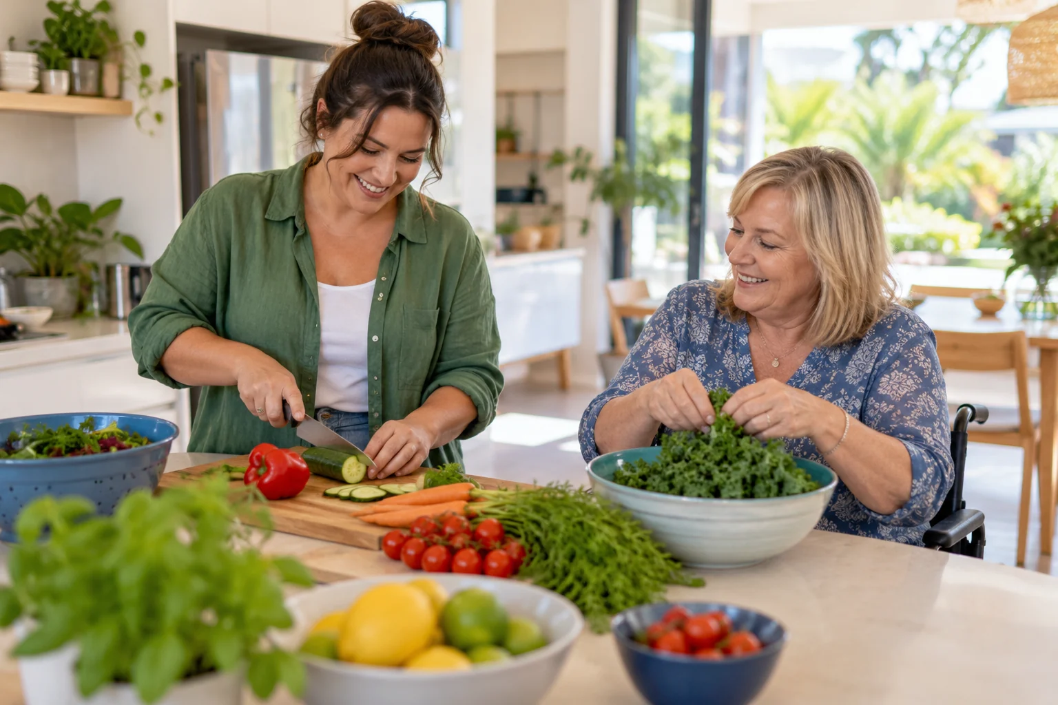 Two women preparing vegetables together at home
