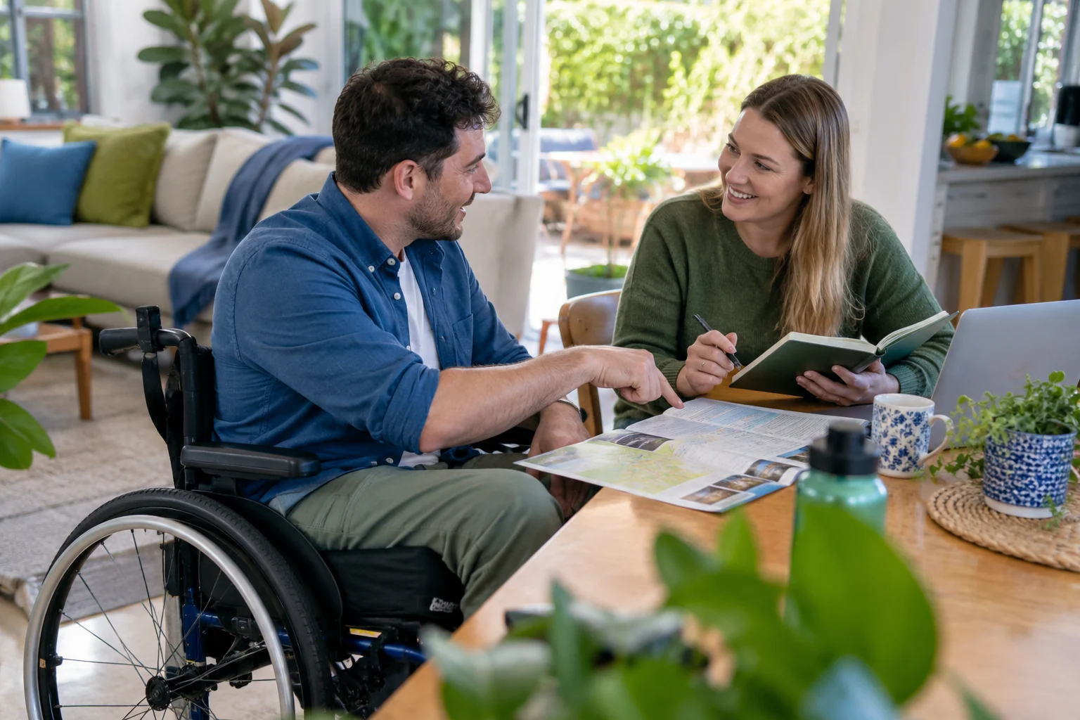 A man using a wheelchair discusses a plan with a companion at home