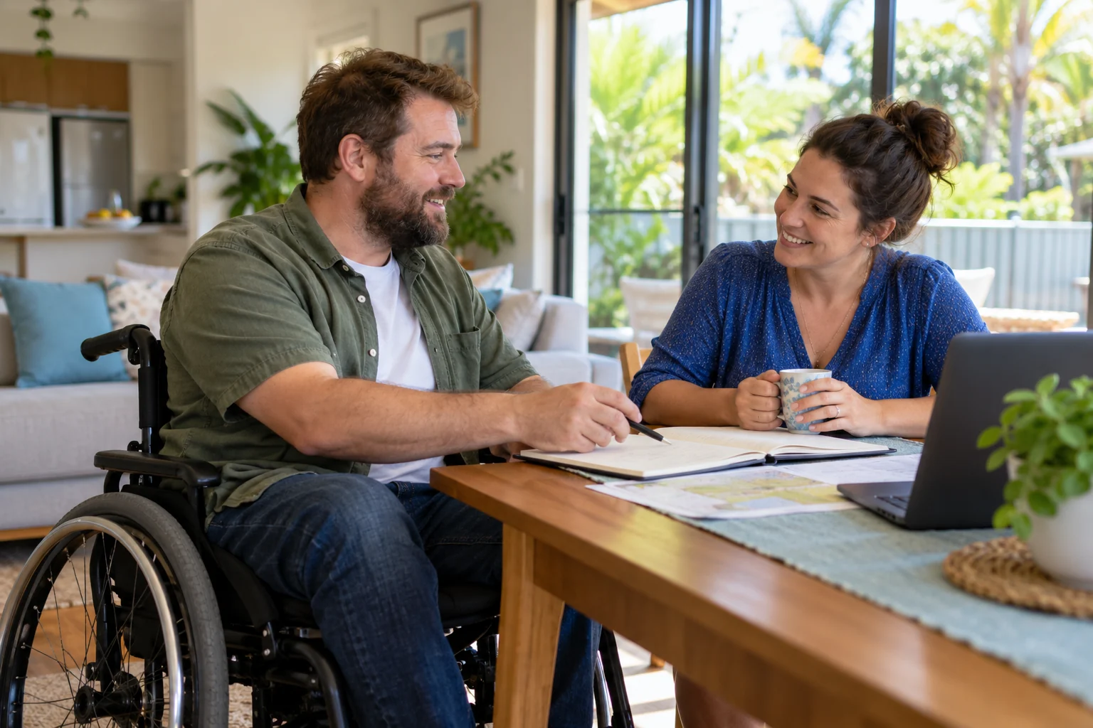 A man using a wheelchair discusses a plan with a companion at home
