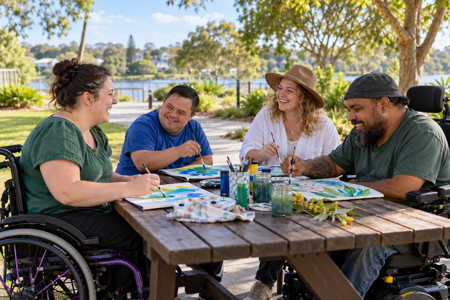 Four adults enjoying an accessible outdoor art activity