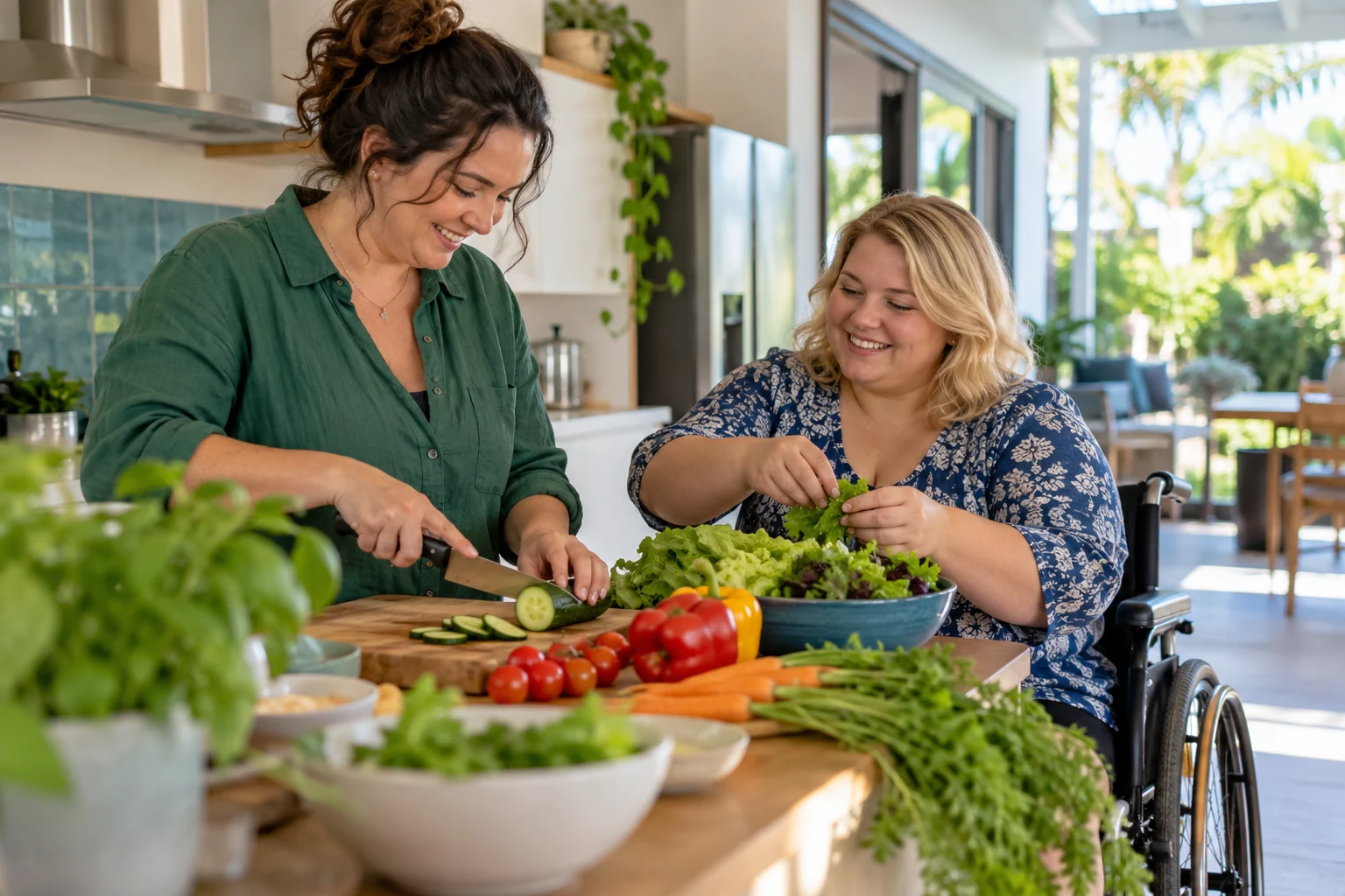 Two women preparing vegetables together at home