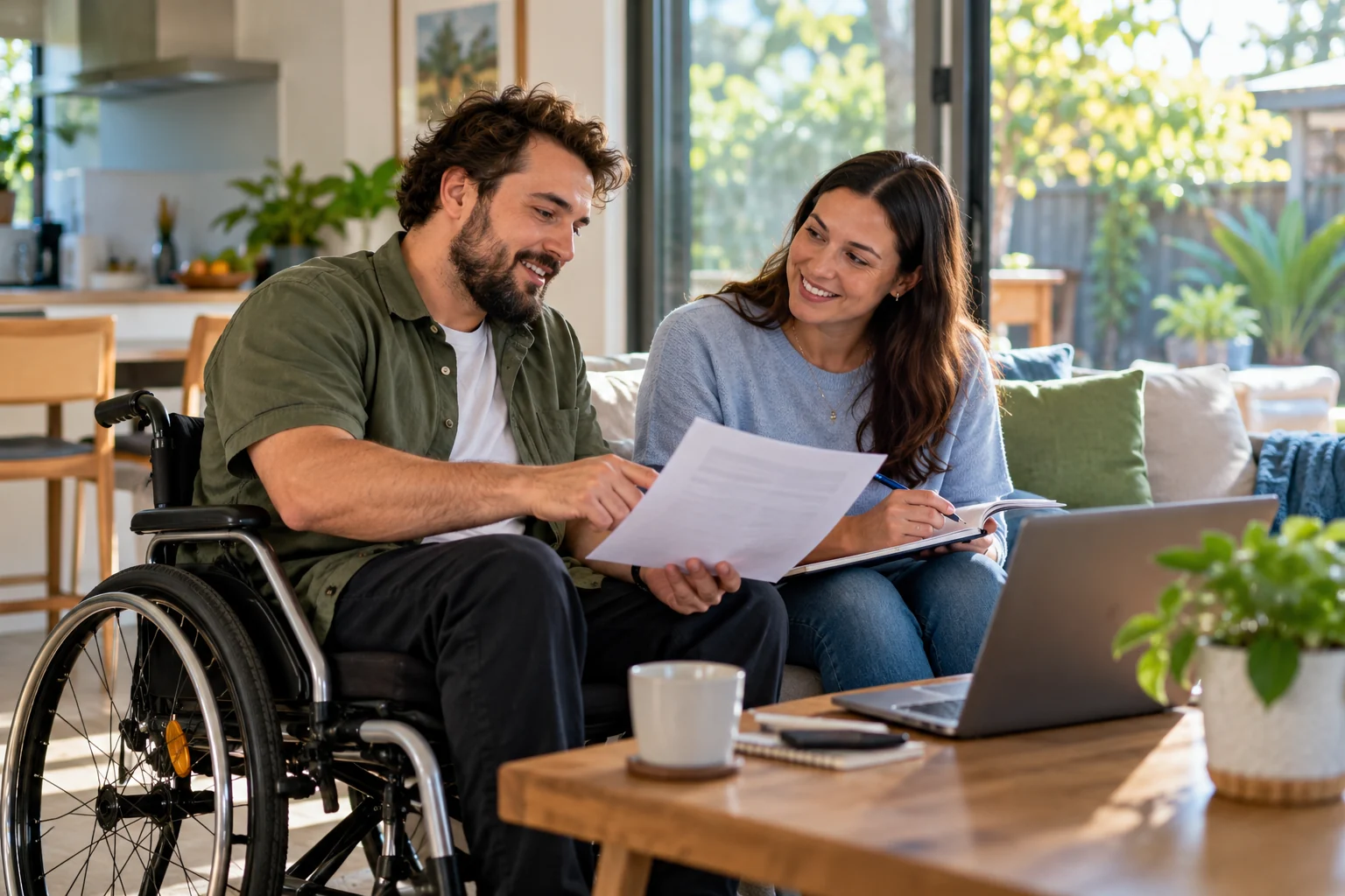 A man using a wheelchair discusses a plan with a companion at home