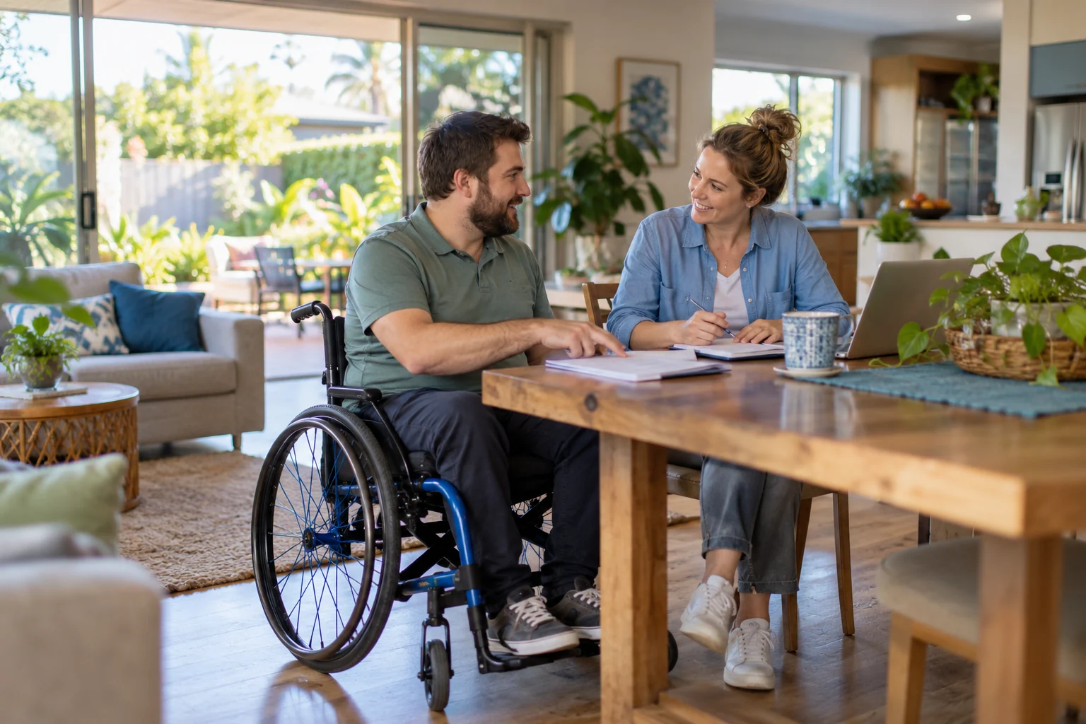 A man using a wheelchair discusses a plan with a companion at home