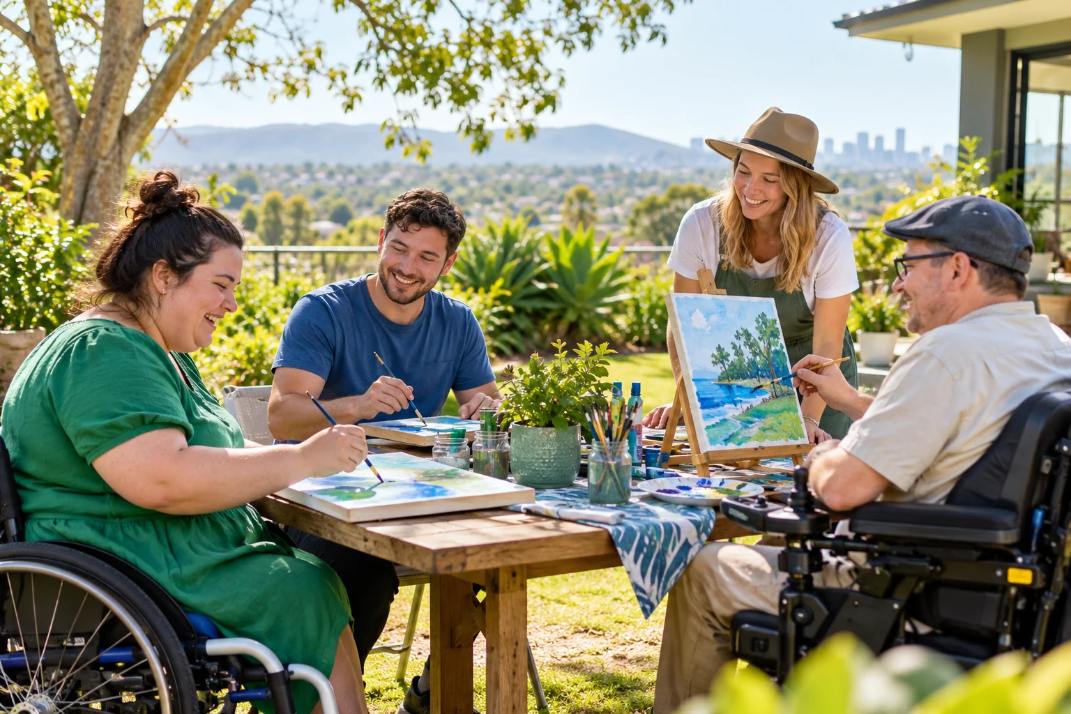 Four adults enjoying an accessible outdoor art activity
