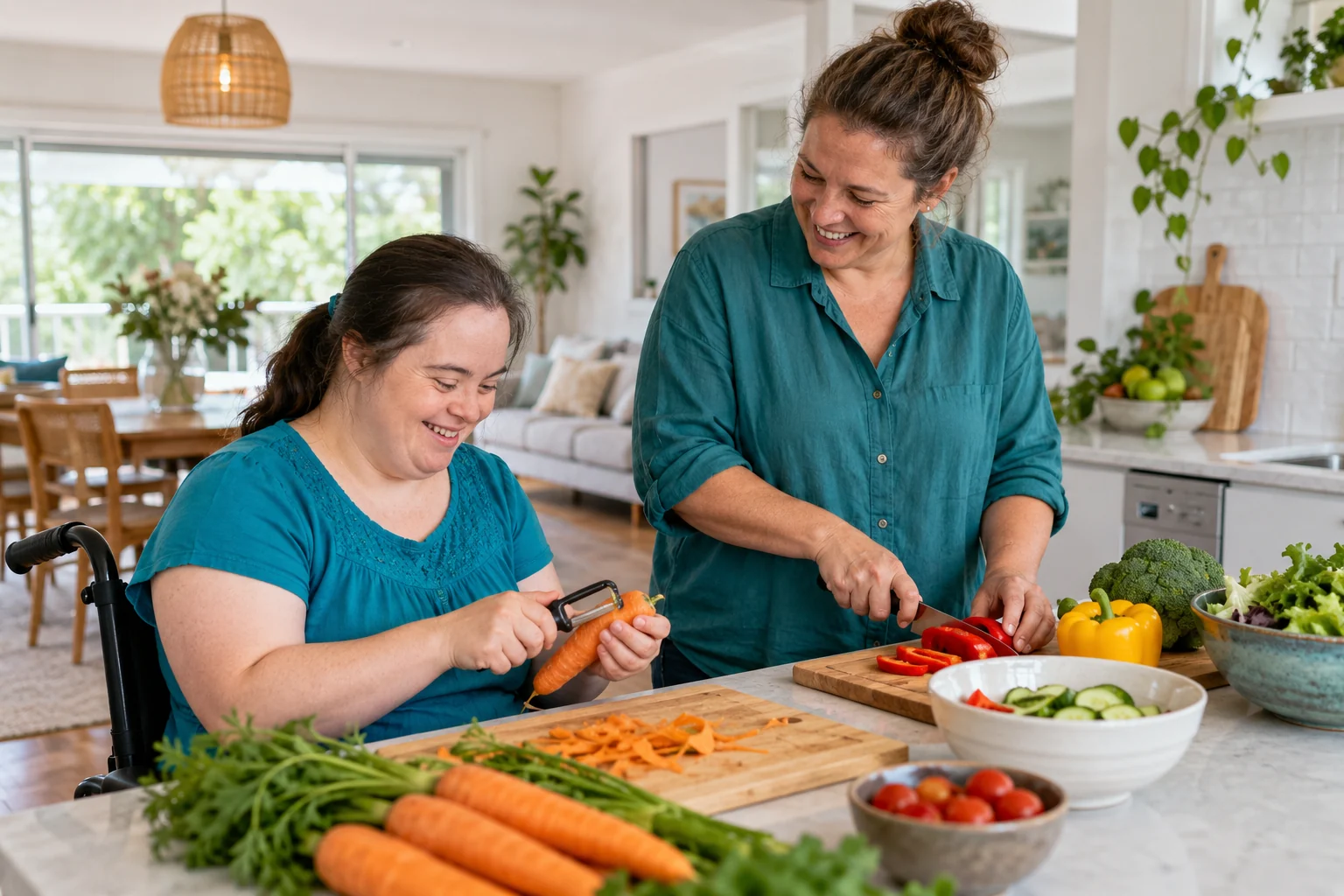 Two women preparing vegetables together at home