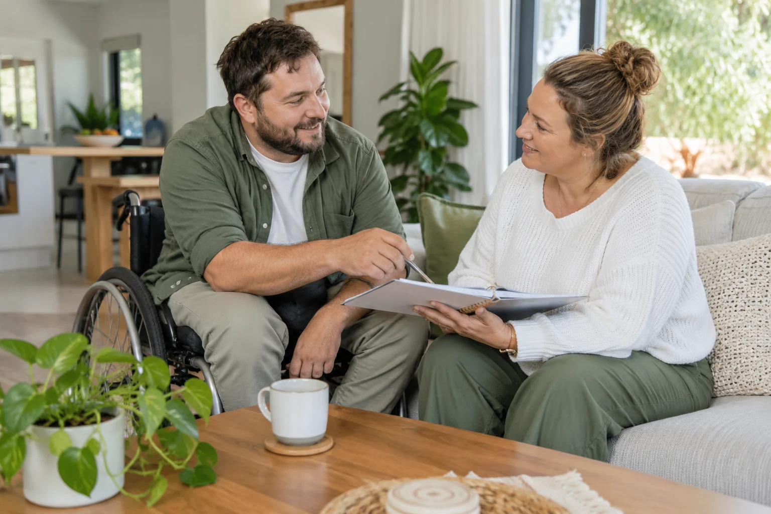 A man using a wheelchair discusses a plan with a companion at home