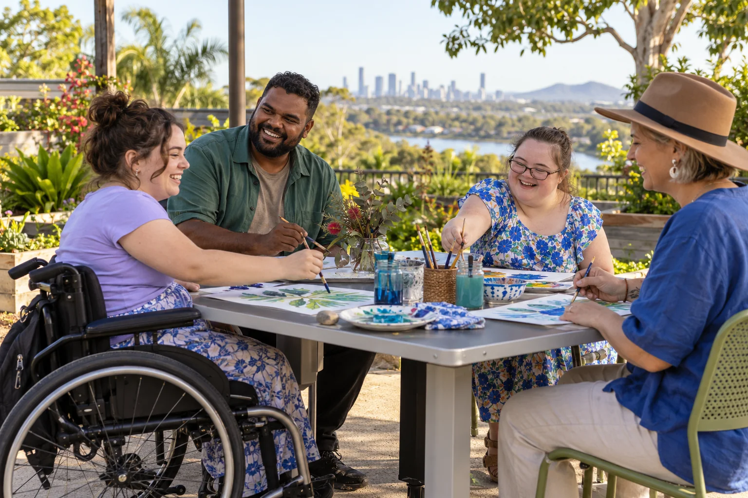 Four adults enjoying an accessible outdoor art activity