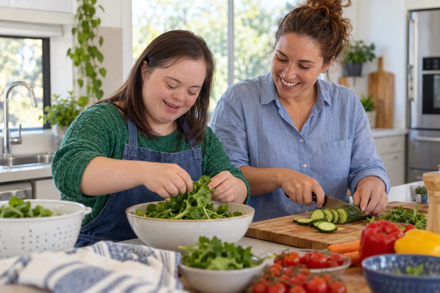 Two women preparing vegetables together at home
