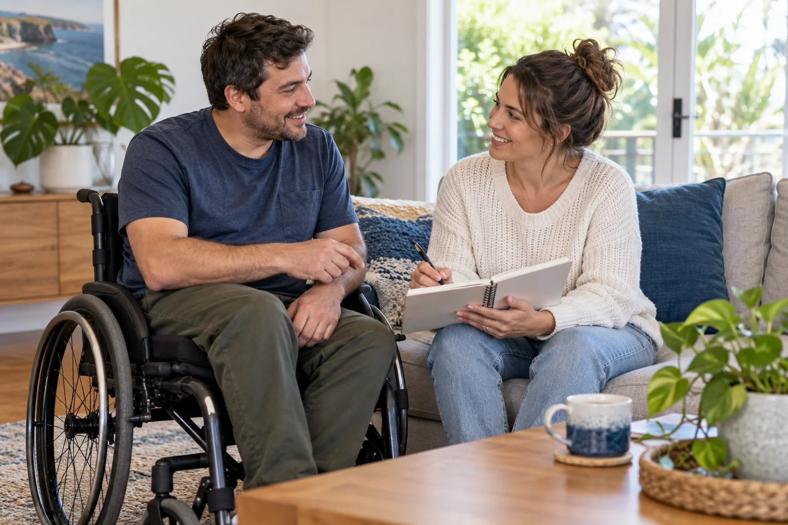 A man using a wheelchair discusses a plan with a companion at home