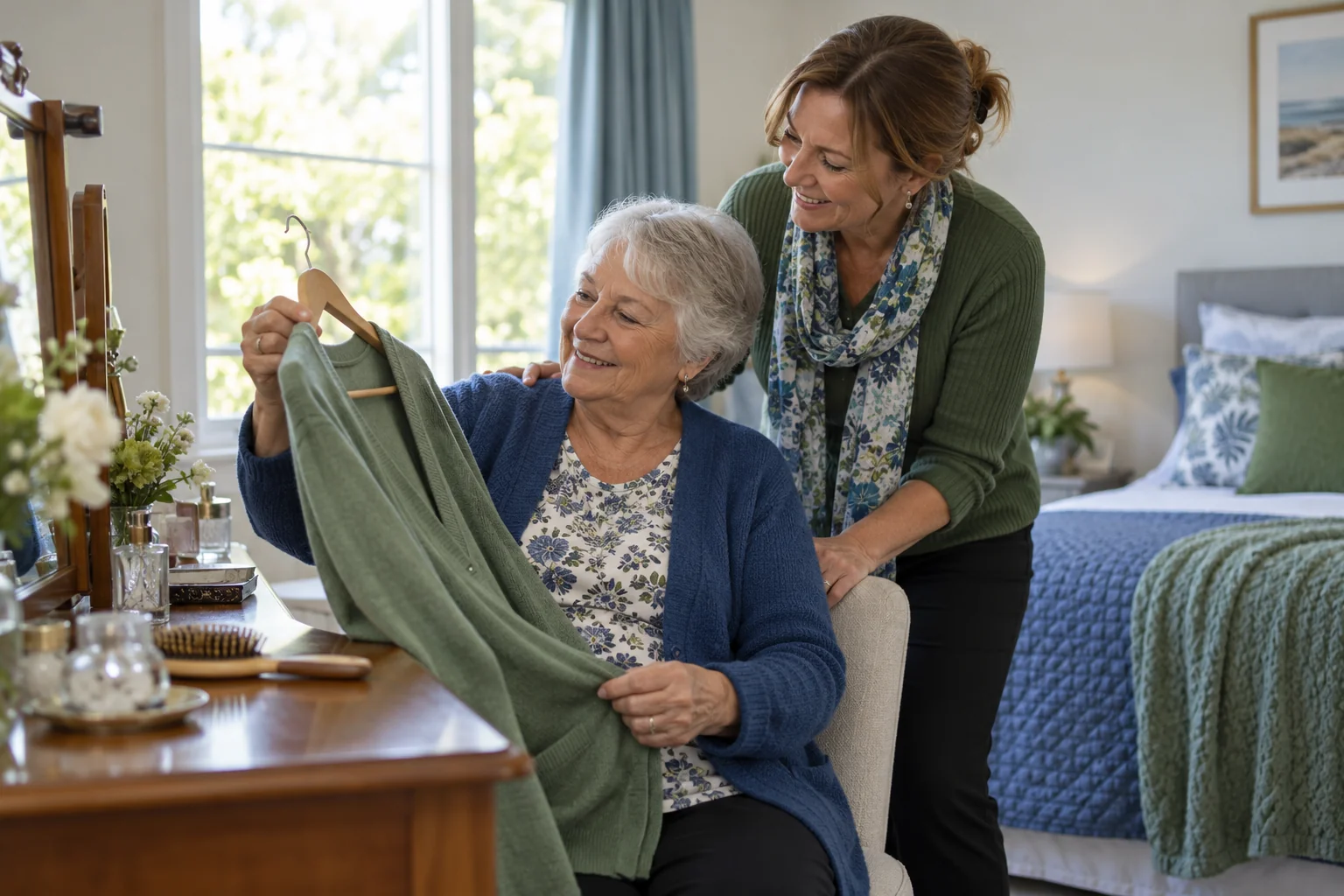 An older woman choosing a cardigan with a companion