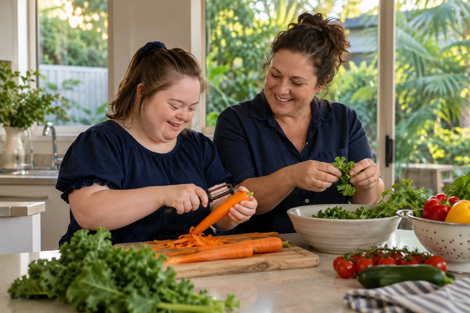 Two women preparing vegetables together at home