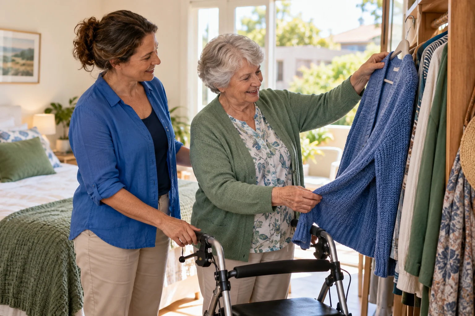 An older woman choosing a cardigan with a companion
