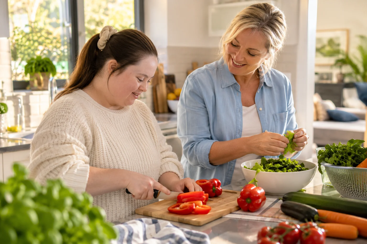 Two women preparing vegetables together at home